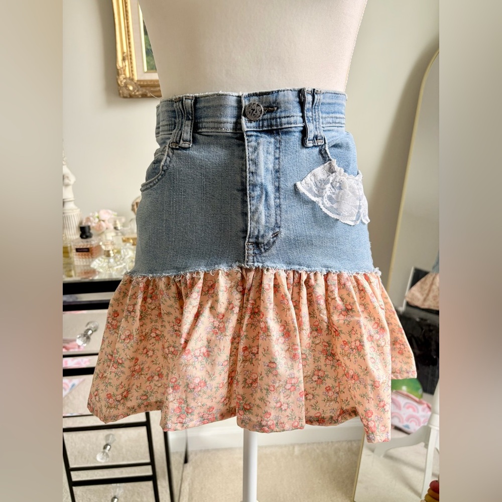 Denim and Floral Ruffle Mini Skirt - Peach Floral